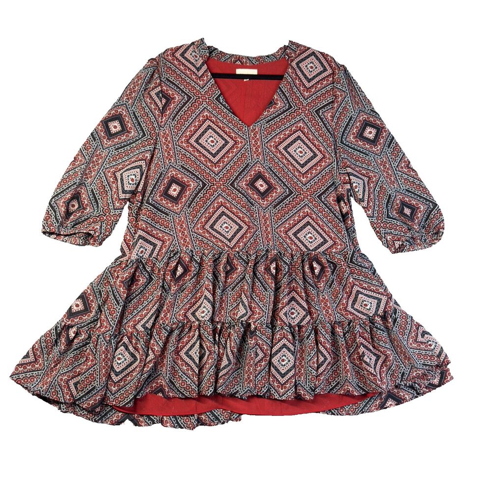 Melloday Blouse Women 1X Red Rust Brown Smocked Long Sleeve Boho Peasant Prairie